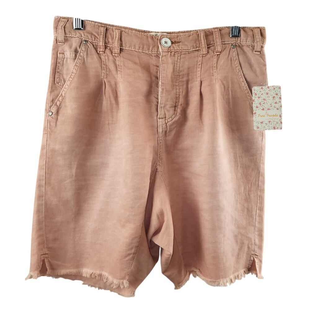 NEW We the Free Rose Size 0 Pink Cotton Linen Shorts Button Close Frayed Hem